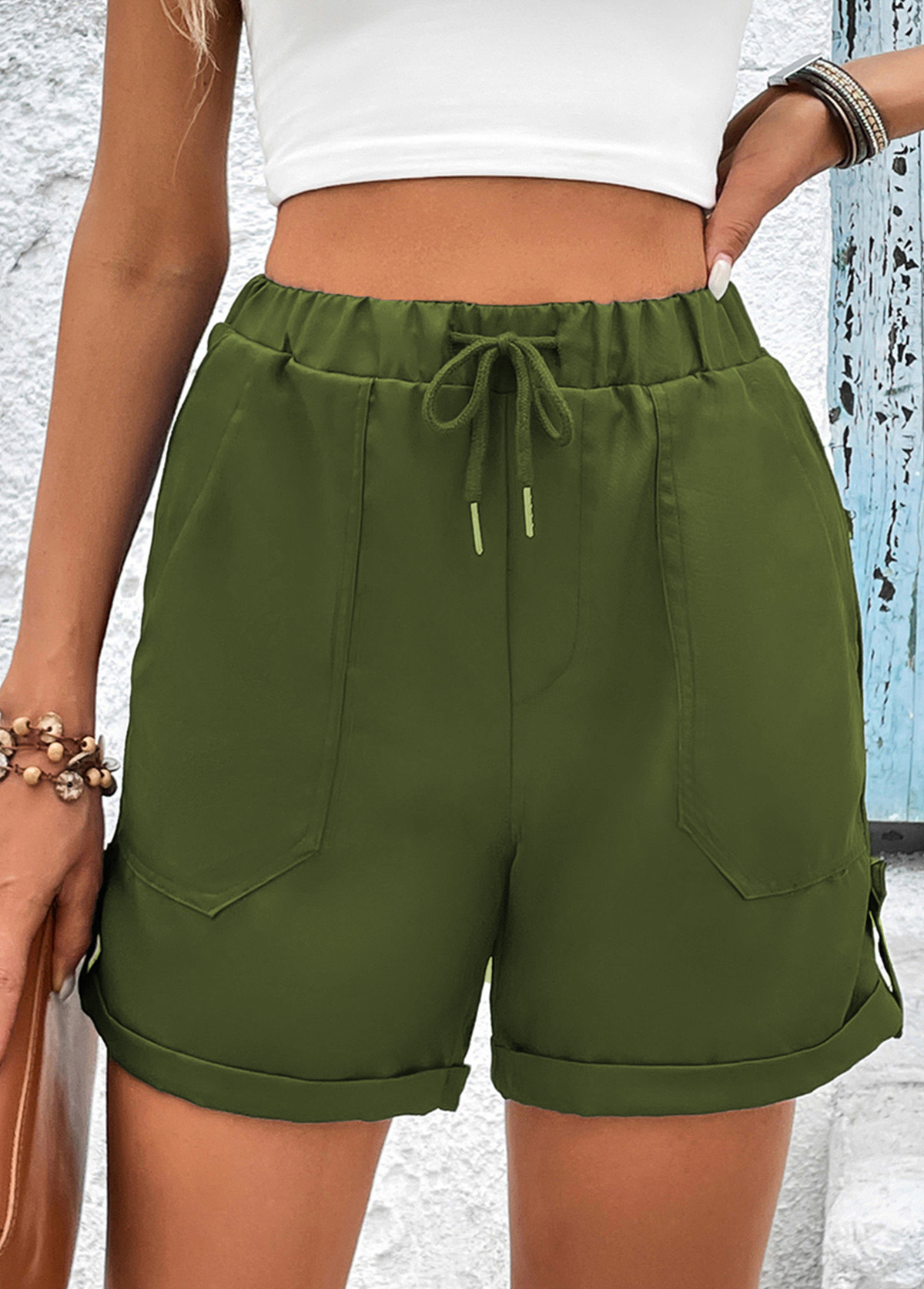 Olive Green Pocket Drawastring High Waisted Shorts
