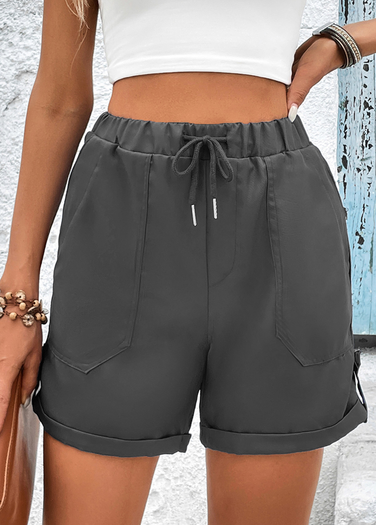 Grey Pocket Drawastring High Waisted Shorts