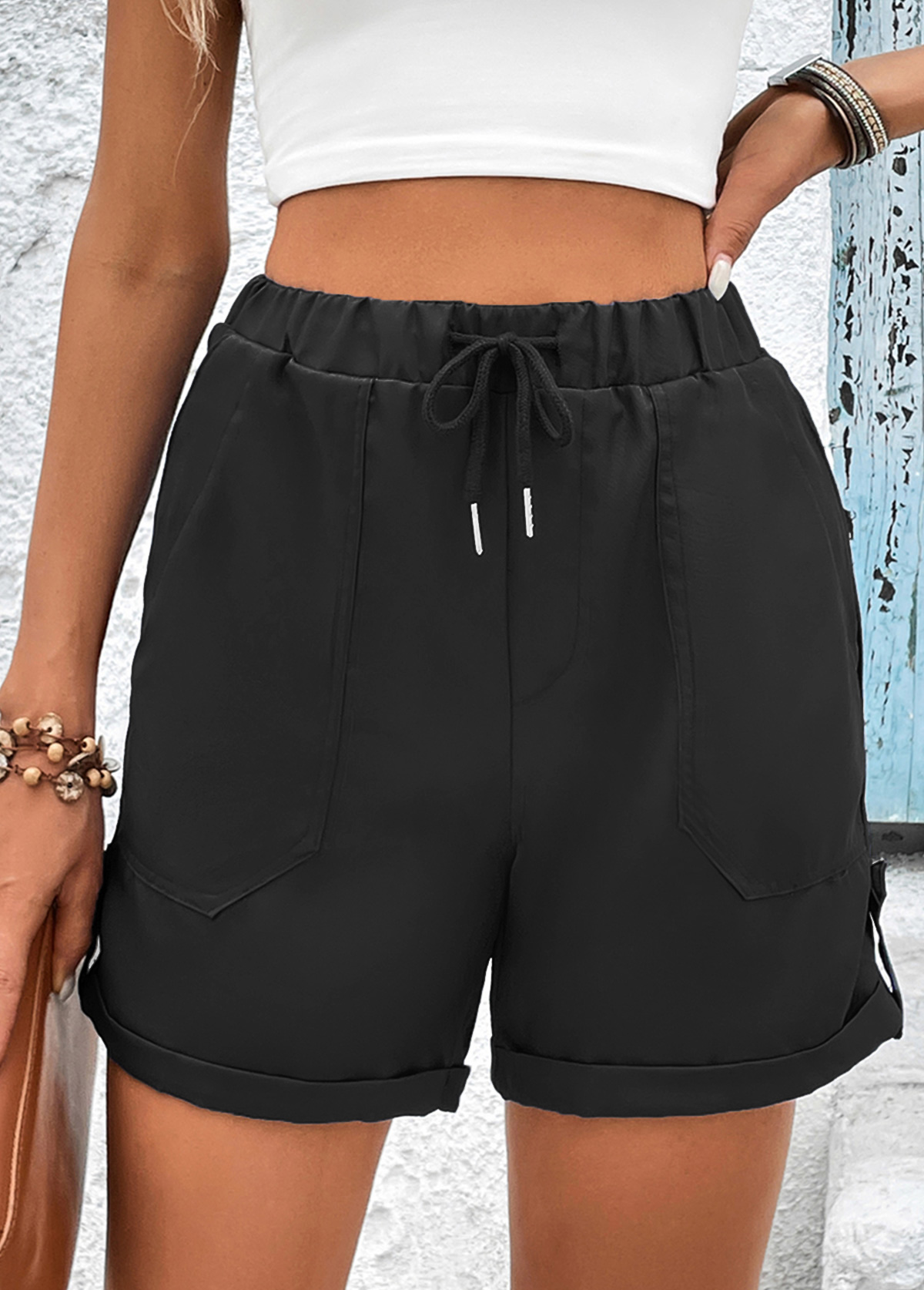 Black Pocket Drawastring High Waisted Shorts