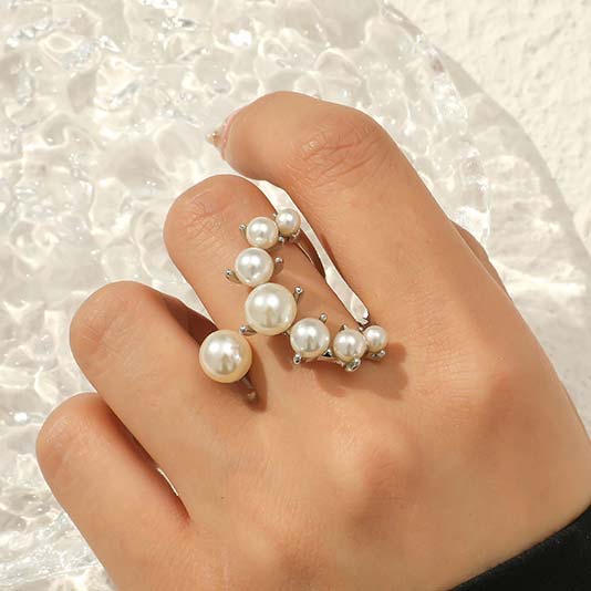 Pearl Detail Asymmetry Silvery White Ring