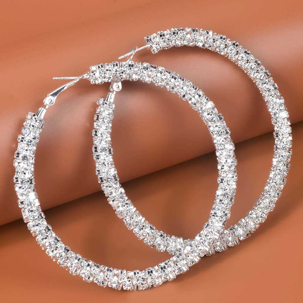 Silvery White Rhinestone Detail Round Earrings