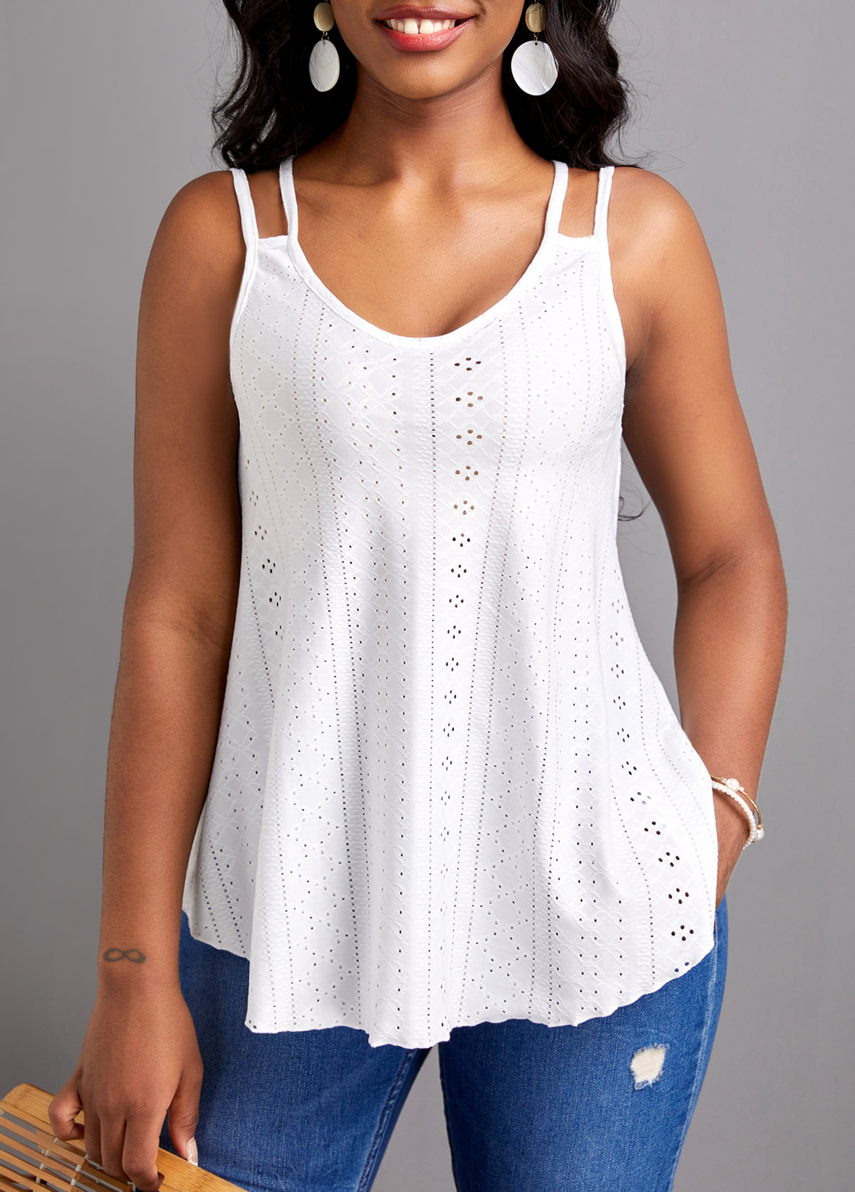 White Breathable Strappy Scoop Neck Camisole Top