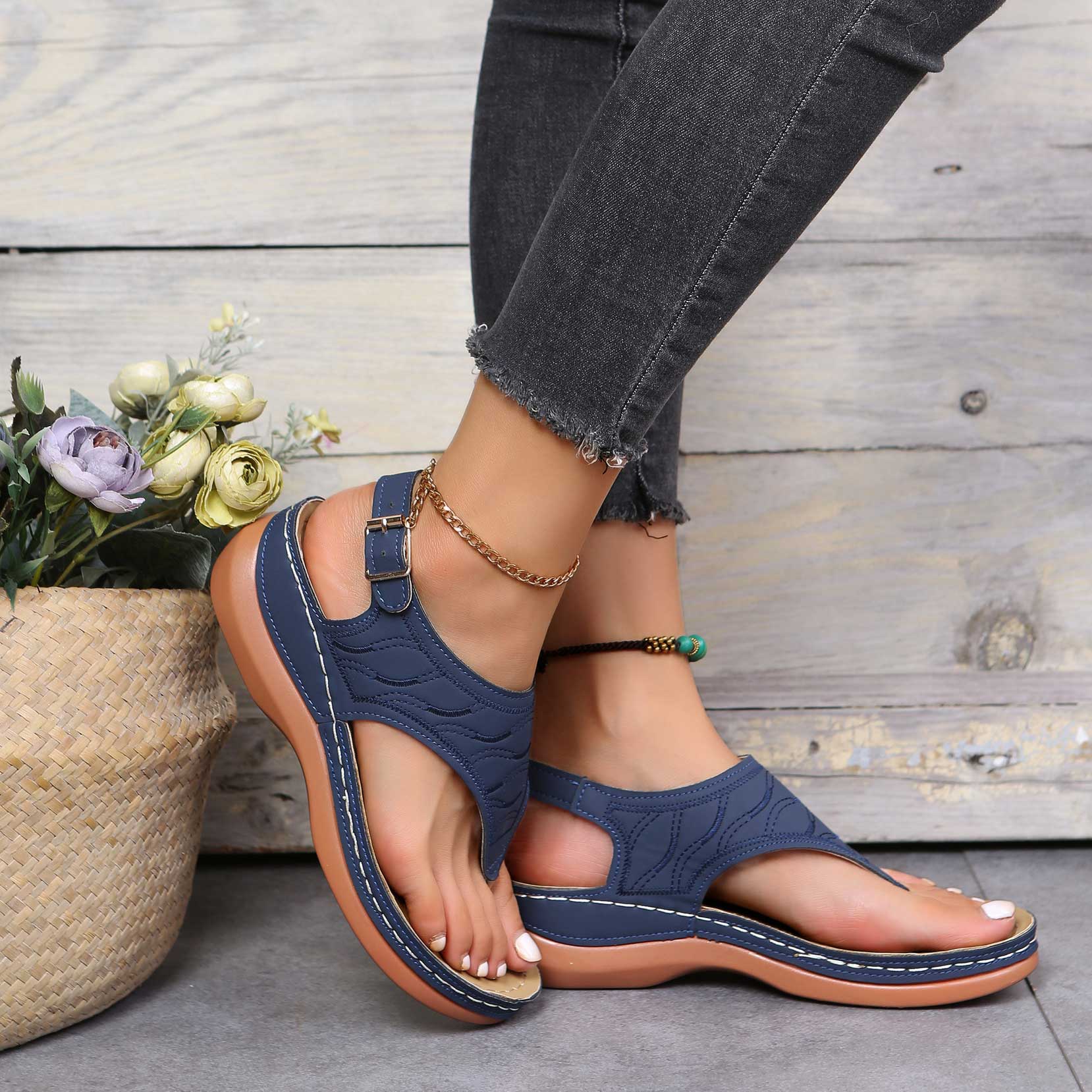 Navy Toe Post Mid Heel Sandals | picture 1