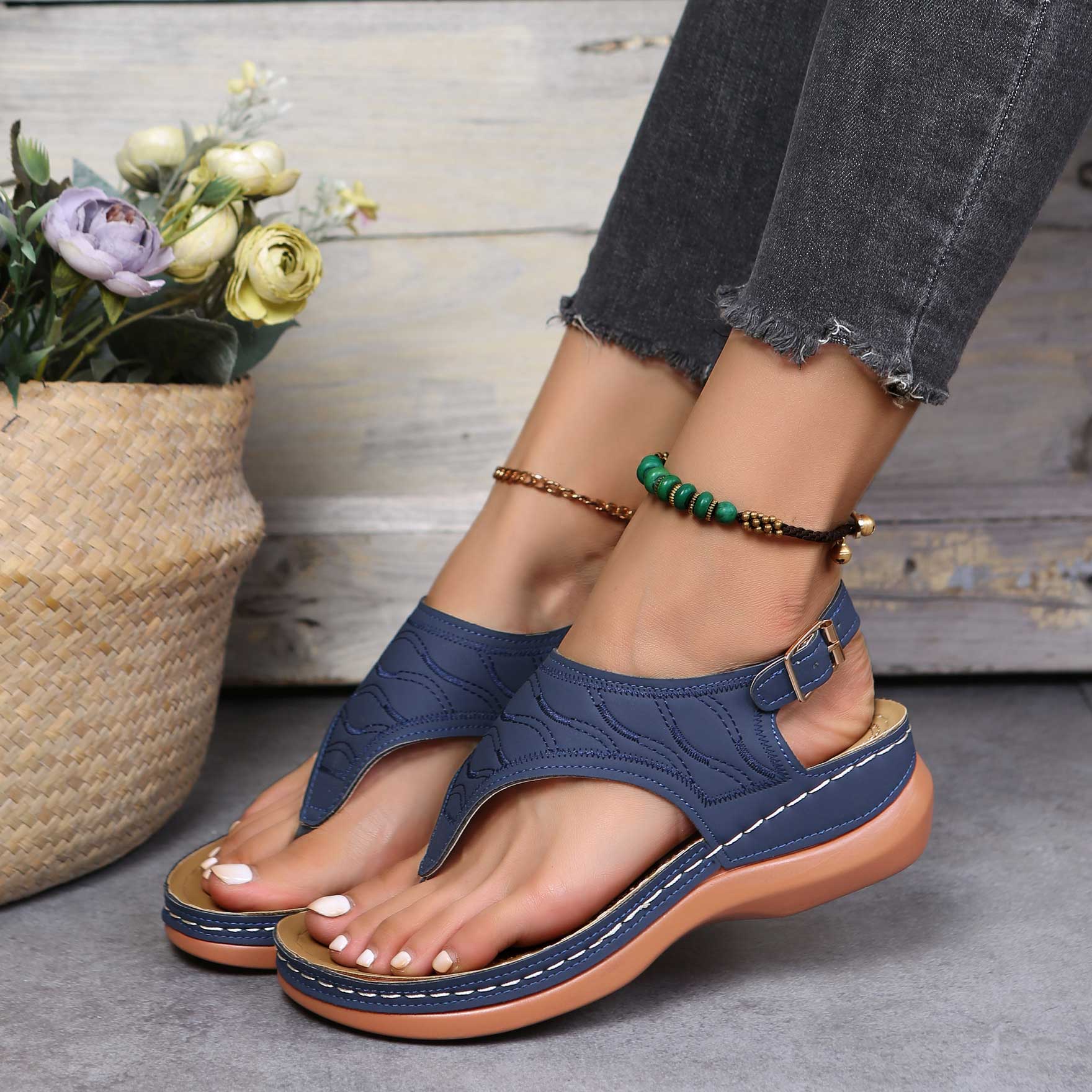 Navy Toe Post Mid Heel Sandals | picture 2