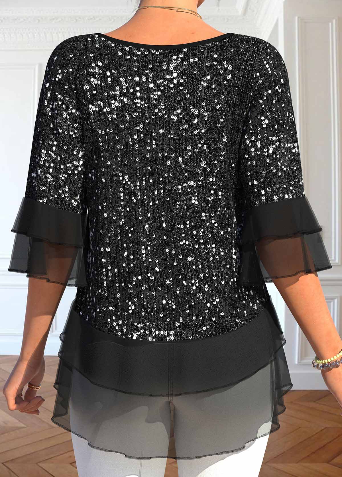 Black Sequin Half Sleeve Round Neck T Shirt