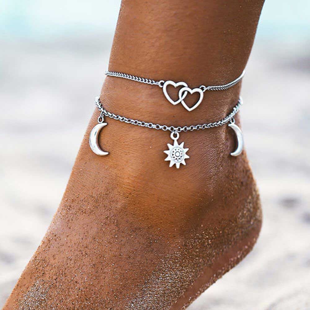 Silver Moon Layered Heart Design Anklet Set