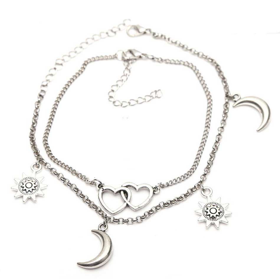 Silver Moon Layered Heart Design Anklet Set