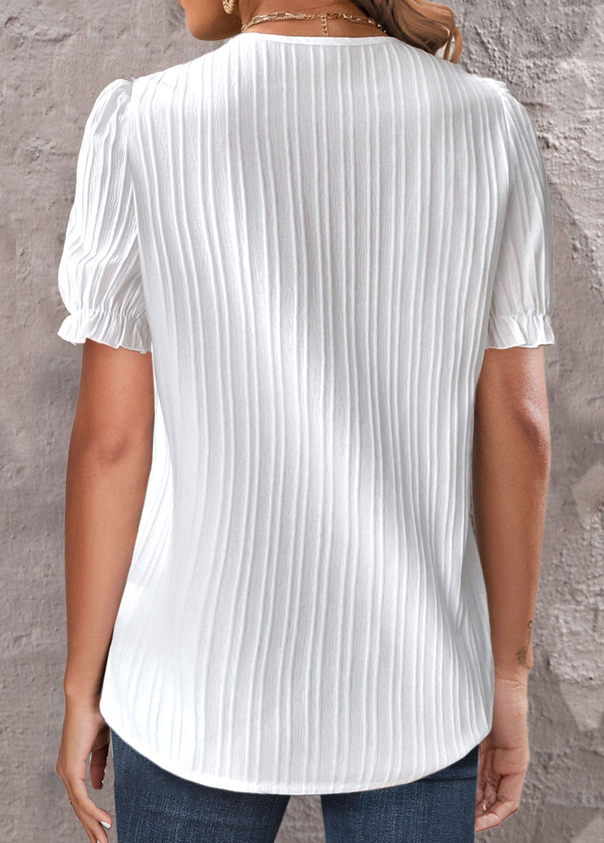 White Patchwork Short Sleeve V Neck Blouse | picture 