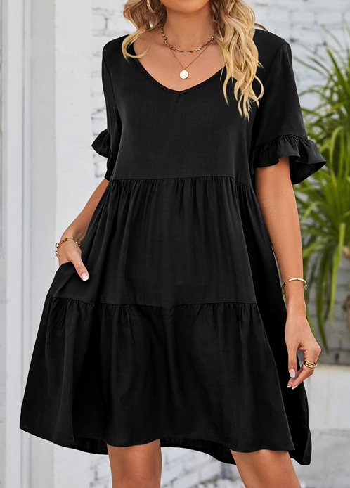 Black Ruched A Line Half Sleeve Dress