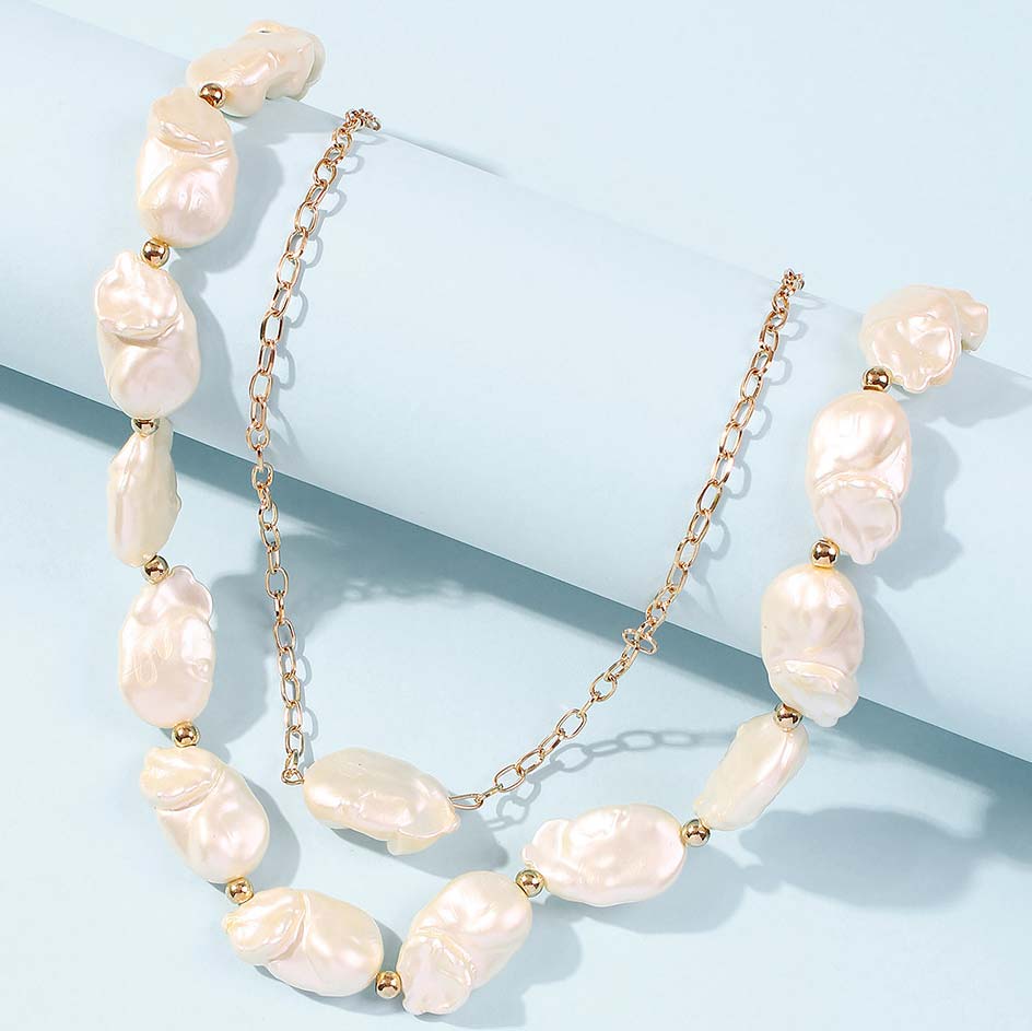 Gold Pearl Detail Asymmetric Design Necklace Set