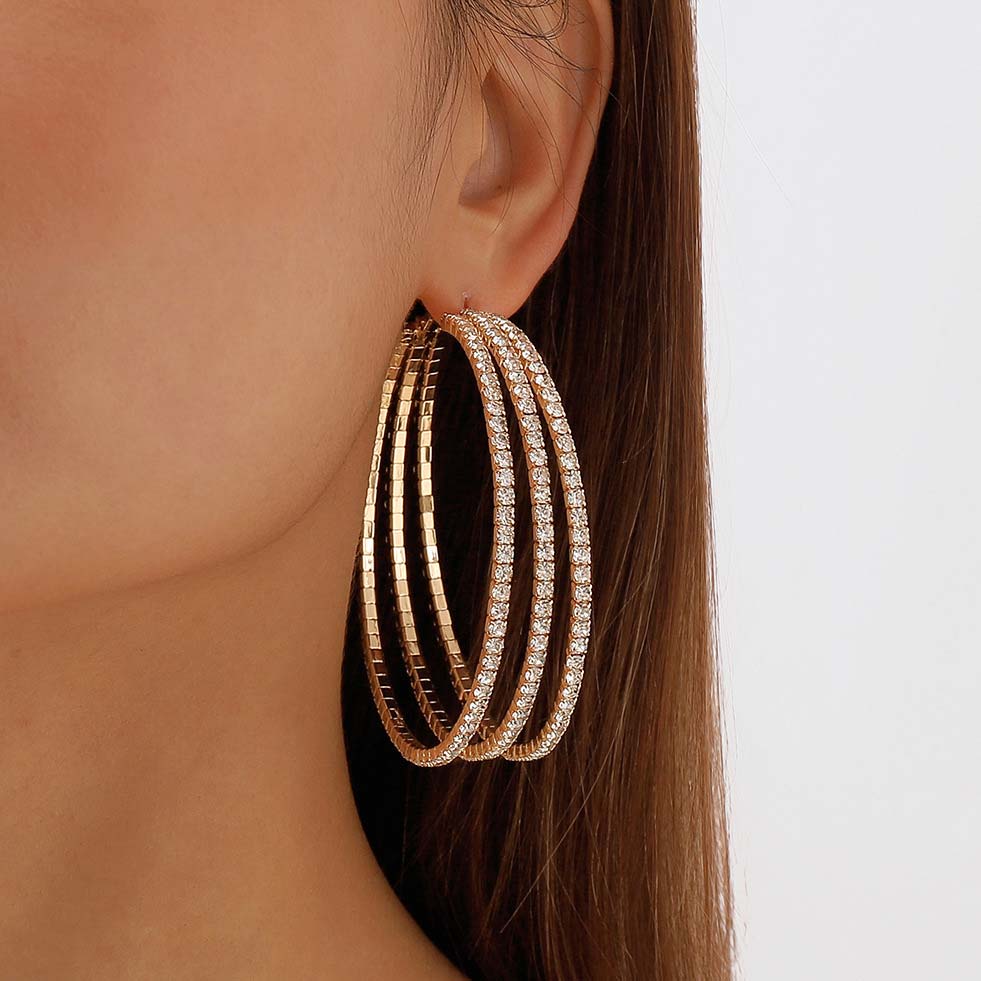 Rhinestone Detail Layered Gold Round Earrings