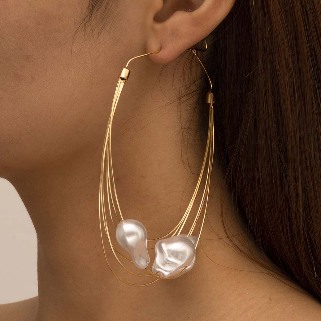 Asymmetric Pearl Detail Gold Layered Earrings