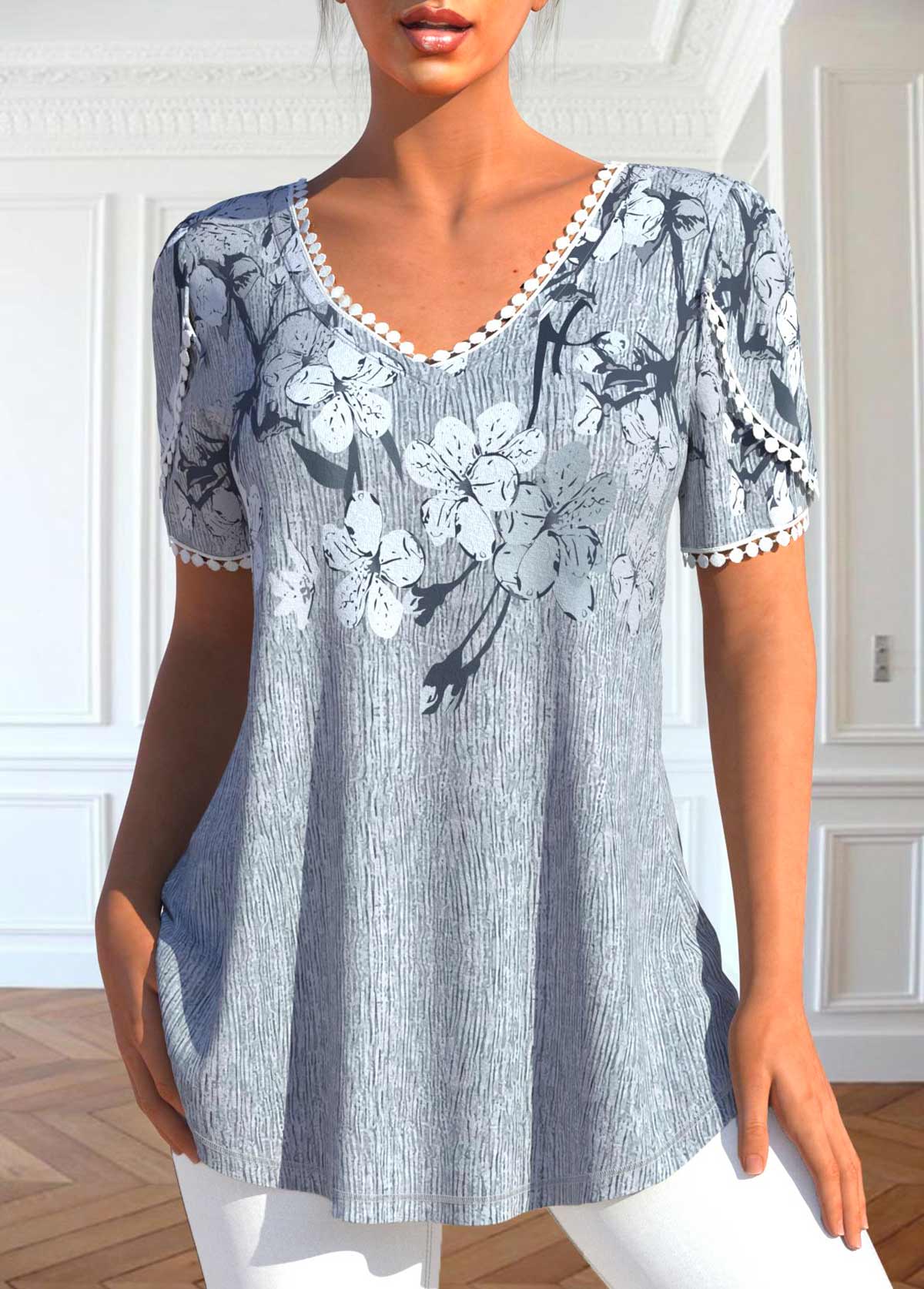 Grey Patchwork Floral Print Short Sleeve T Shirt