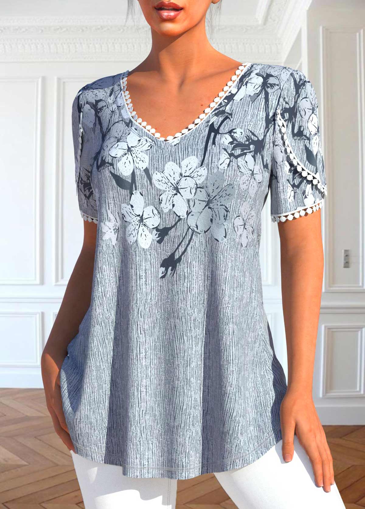 Grey Patchwork Floral Print Short Sleeve T Shirt