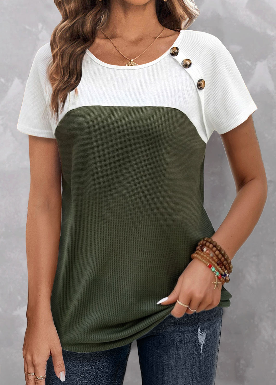 Olive Green Button Short Sleeve T Shirt
