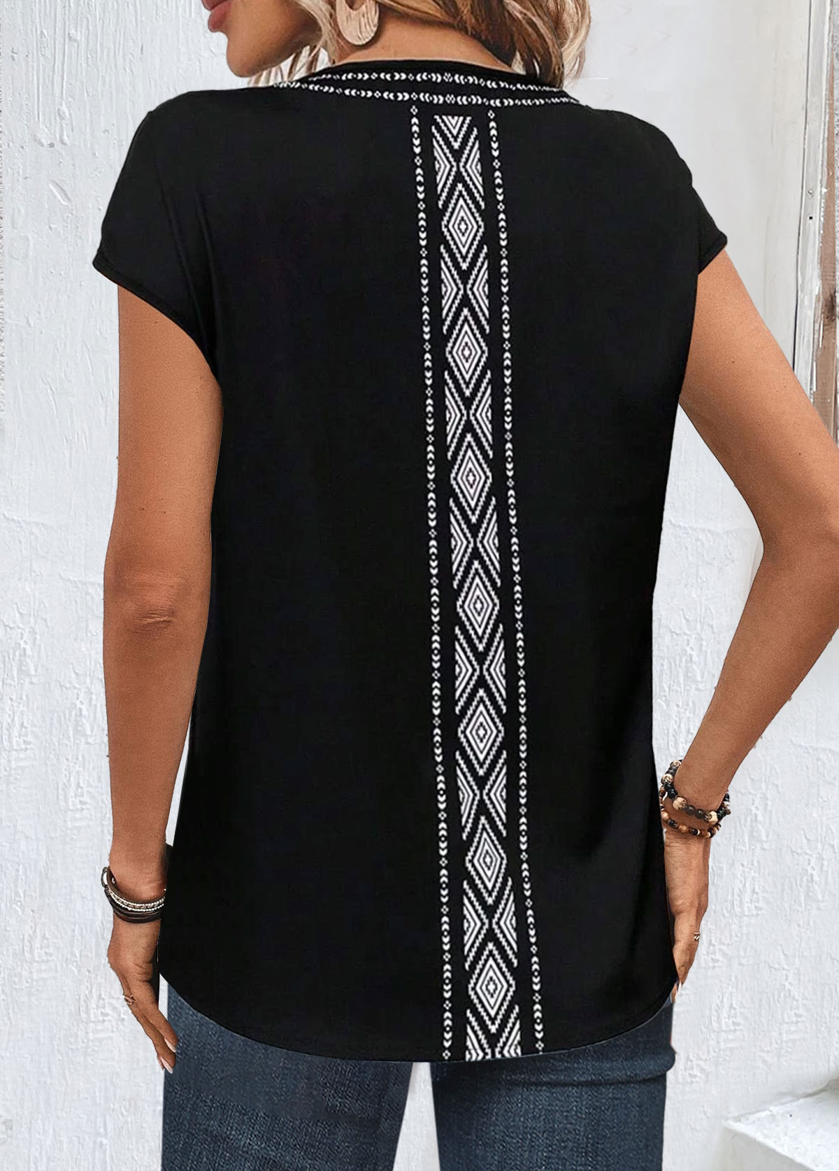 Black Patchwork Floral Print Short Sleeve T Shirt | picture 