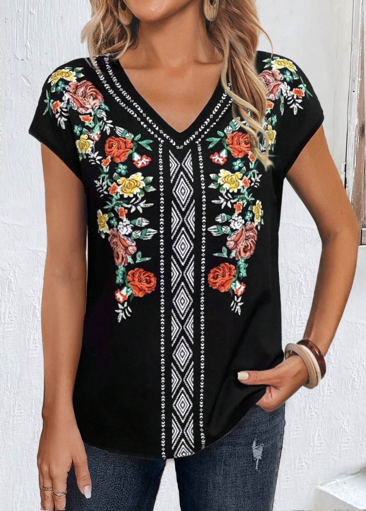 Black Patchwork Floral Print Short Sleeve T Shirt | picture 