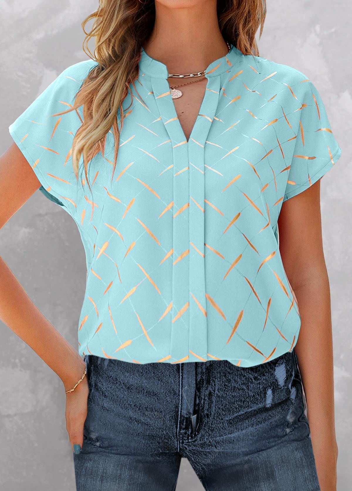 Light Blue Split Striped Short Sleeve Blouse | picture 
