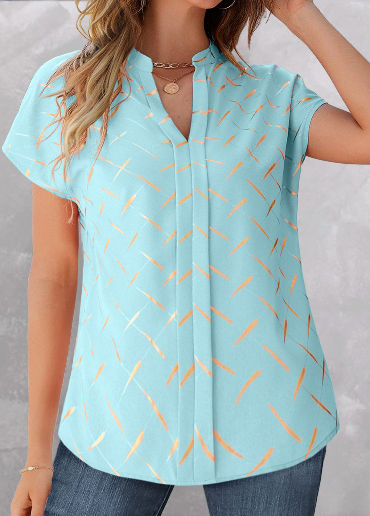 Light Blue Split Striped Short Sleeve Blouse | picture 