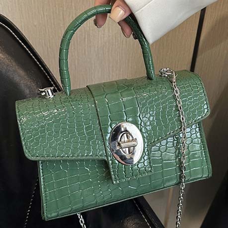 PU Detail Green Turnlock Chains Hand Bag