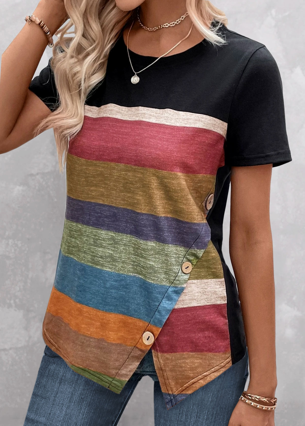Black Patchwork Striped Short Sleeve T Shirt