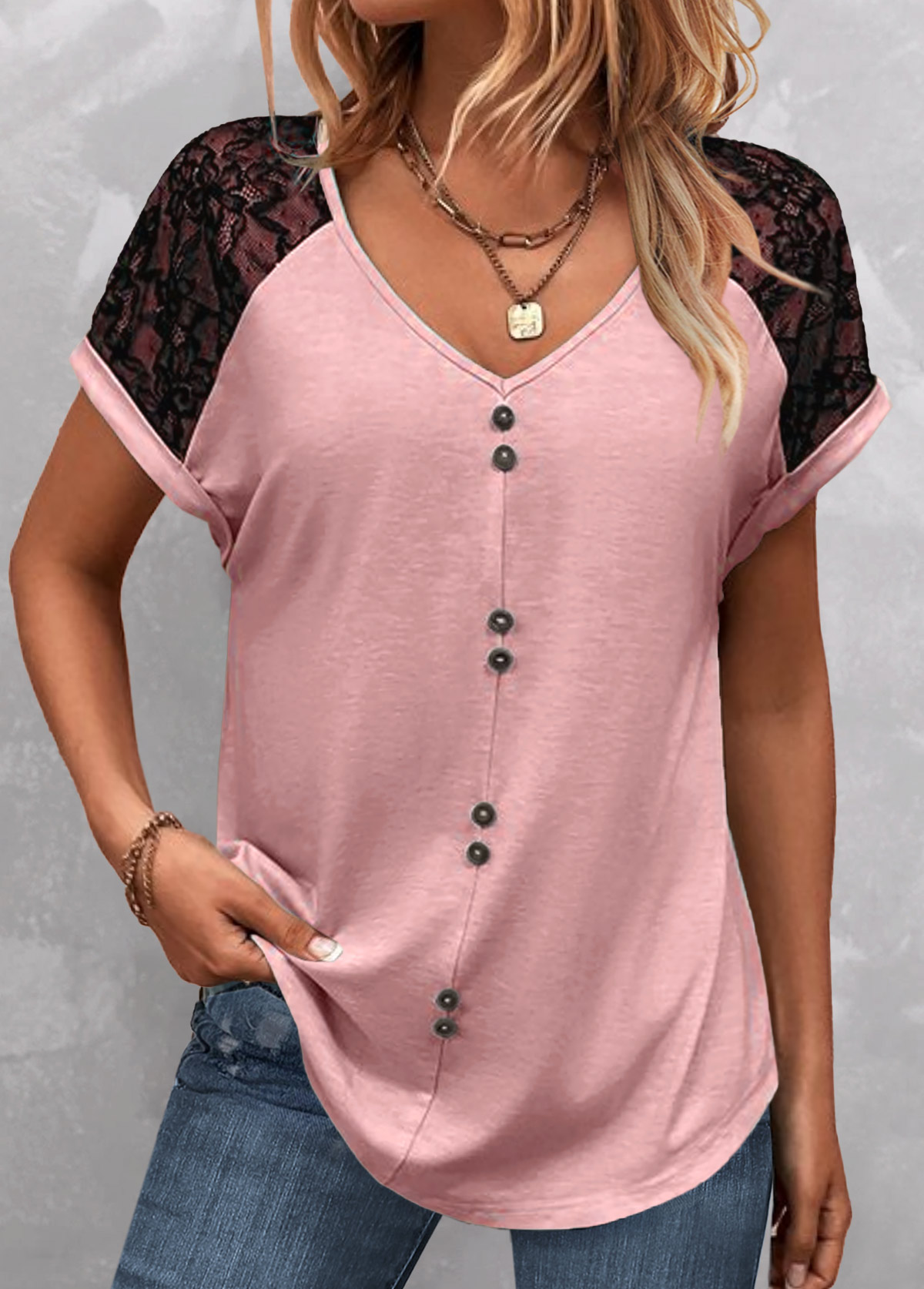 Pink Patchwork Short Sleeve V Neck T Shirt | modlily.com - USD 27.98