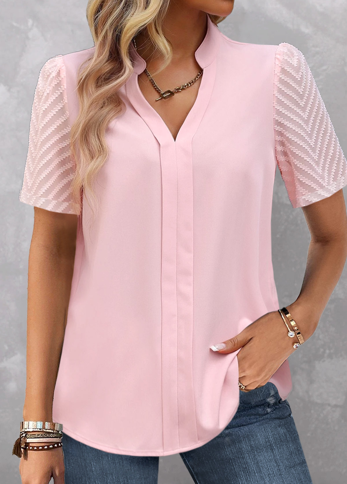Light Pink Patchwork Short Sleeve Split Neck Blouse | picture 