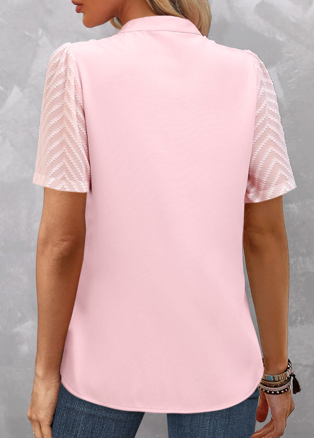 Light Pink Patchwork Short Sleeve Split Neck Blouse | picture 