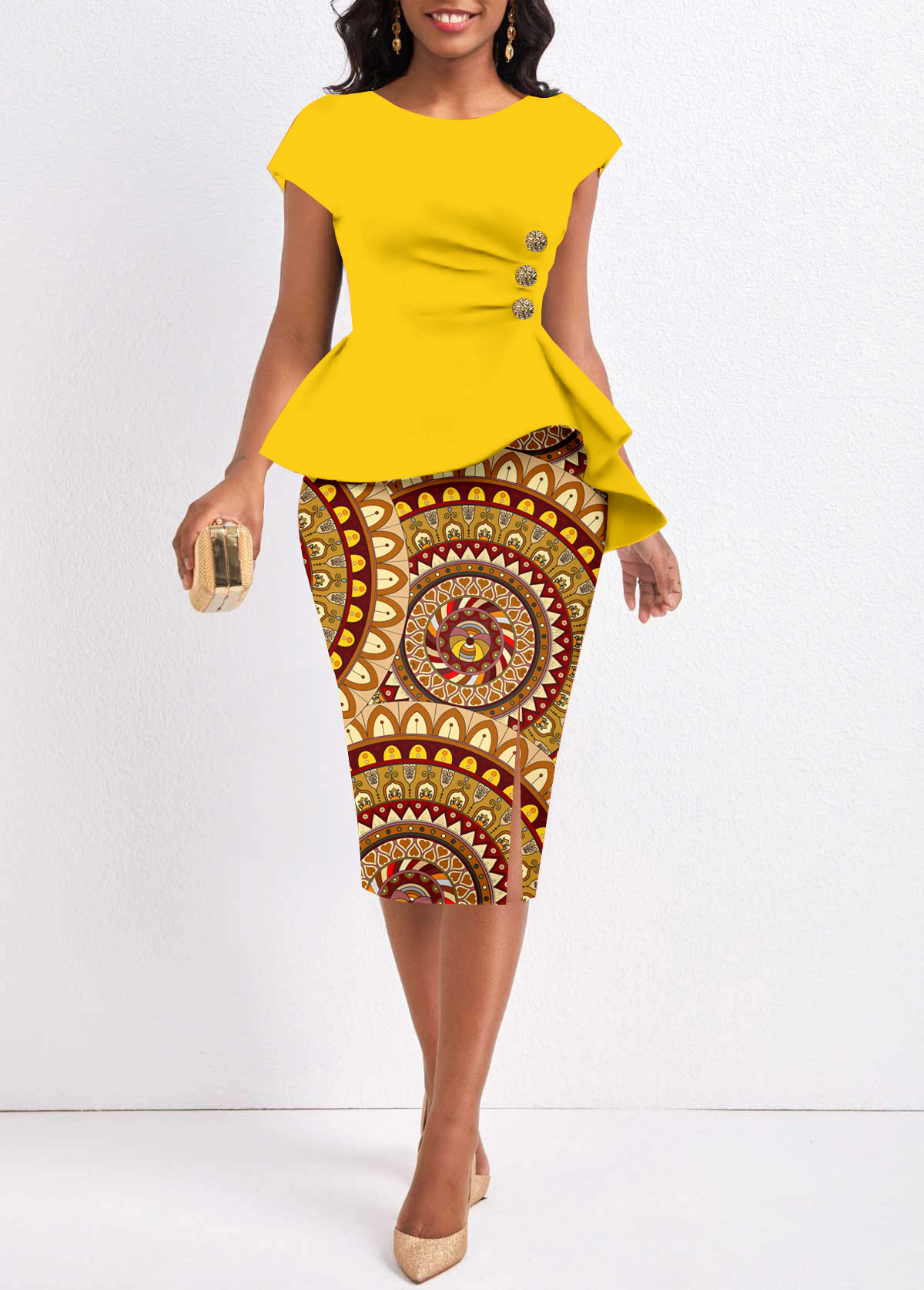 Yellow Button Tribal Print Short Sleeve Bodycon Dress