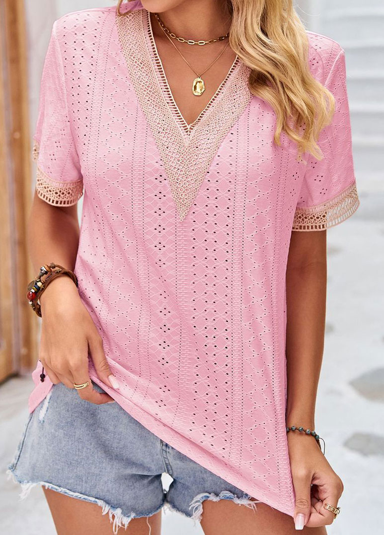 Pink Patchwork Short Sleeve V Neck T Shirt | picture 