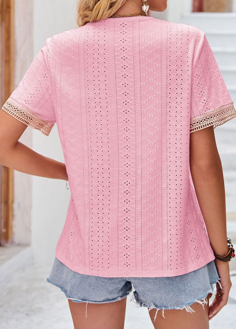 Pink Patchwork Short Sleeve V Neck T Shirt
