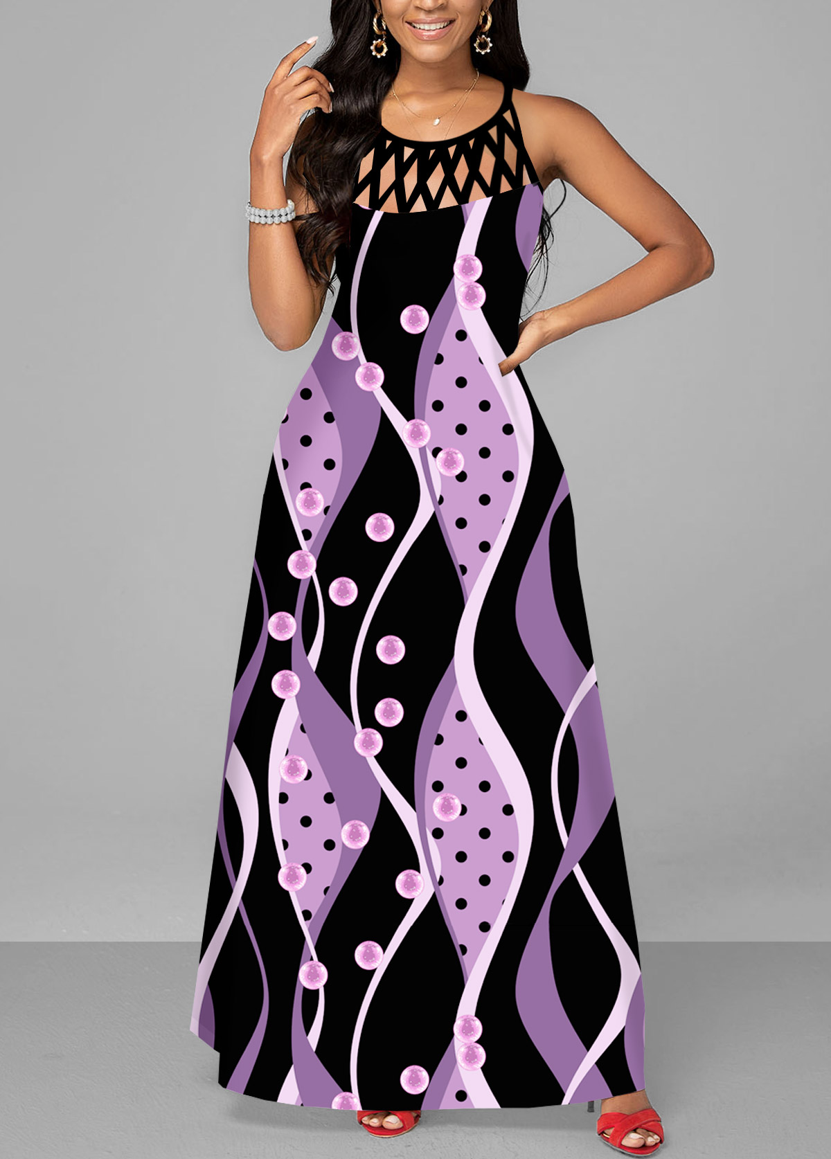 Light Purple Cage Neck Geometric Print Maxi Dress