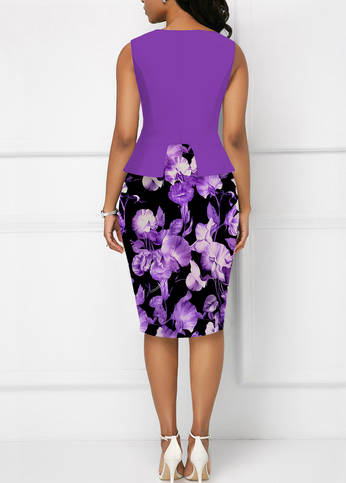Purple Fake 2in1 Floral Print Sleeveless Bodycon Dress