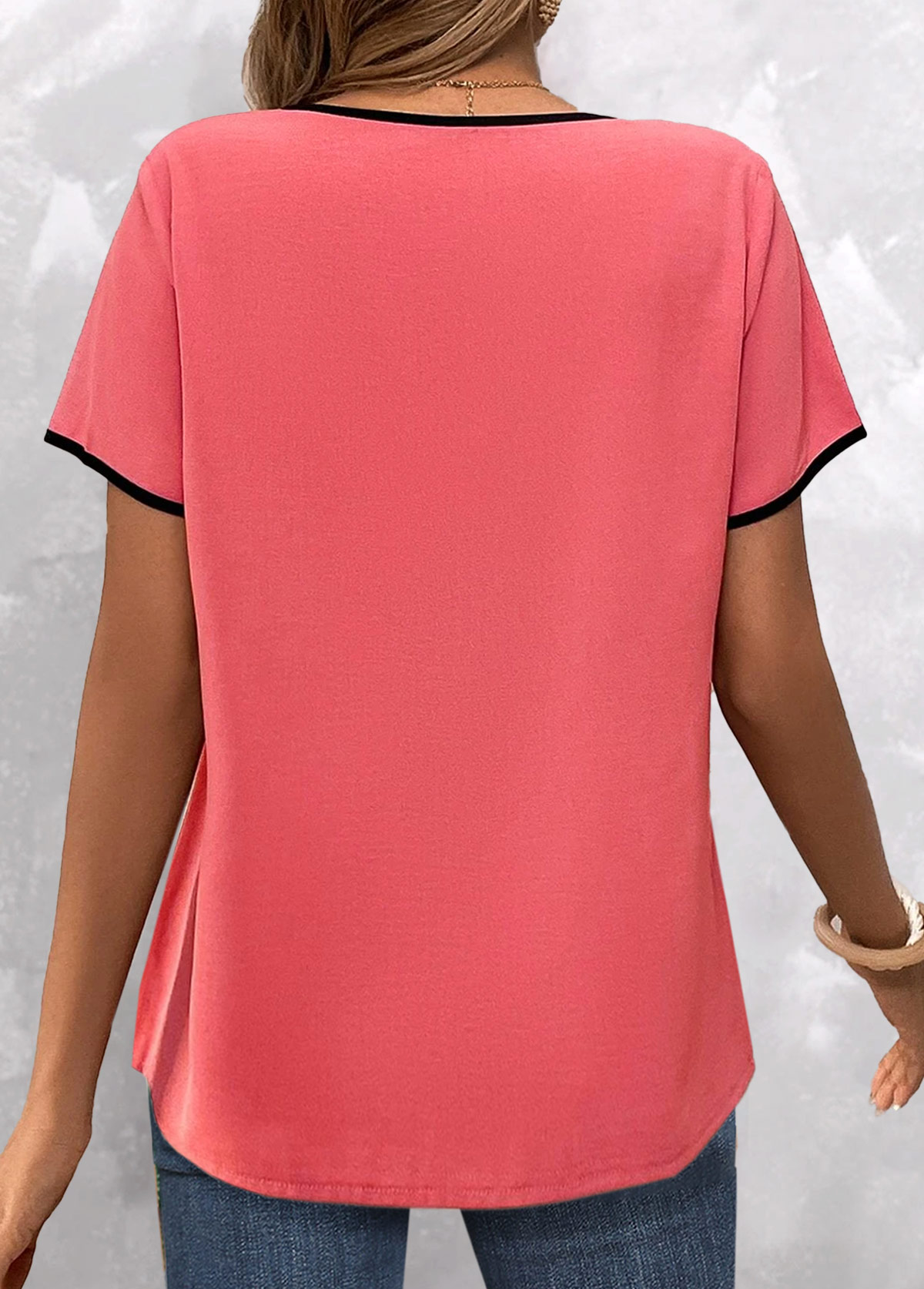 Coral Contrast Binding Short Sleeve Split Neck Blouse | picture 