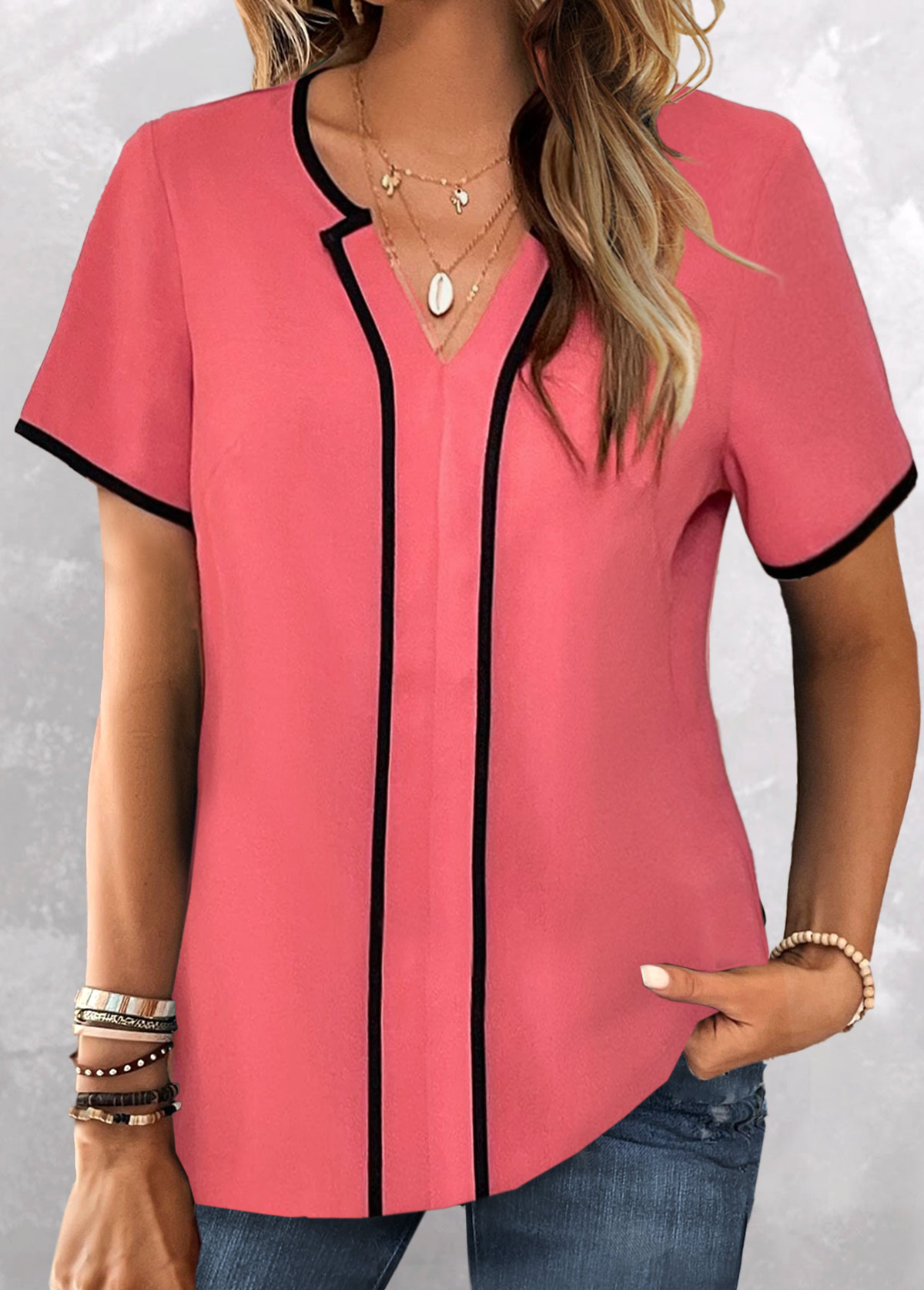 Coral Contrast Binding Short Sleeve Split Neck Blouse | picture 