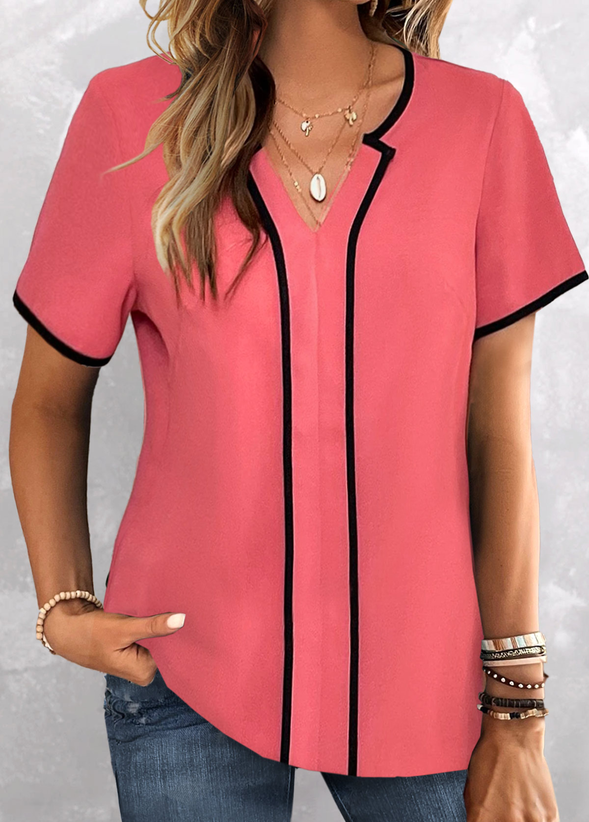 Coral Contrast Binding Short Sleeve Split Neck Blouse | picture 