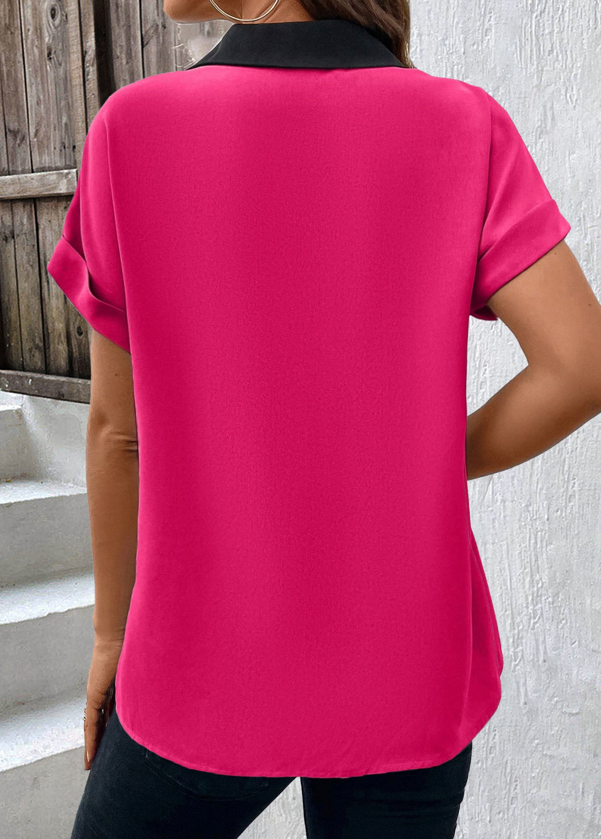 Plus Size Hot Pink Patchwork Short Sleeve Blouse