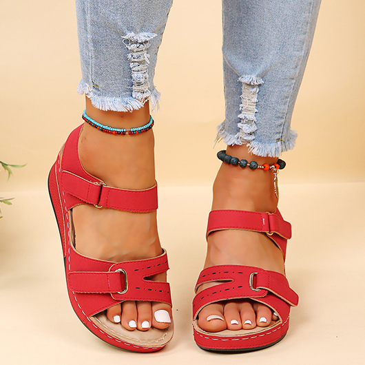 Red Peep Toe Mid Heel Velcro Sandals