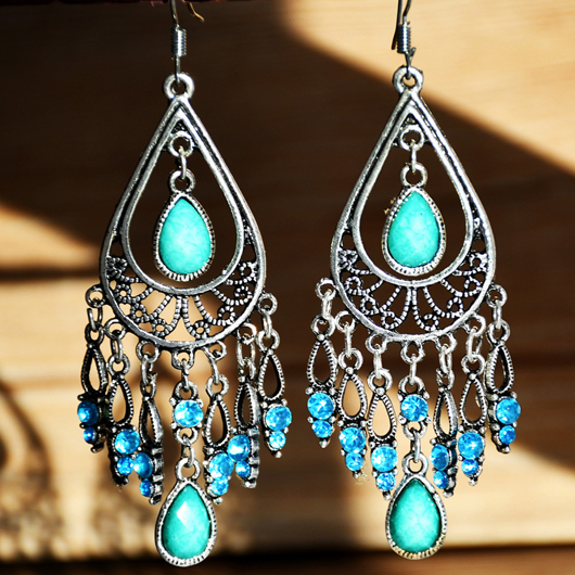 Turquoise Teardrop Design Rhinestone Tribal Earrings