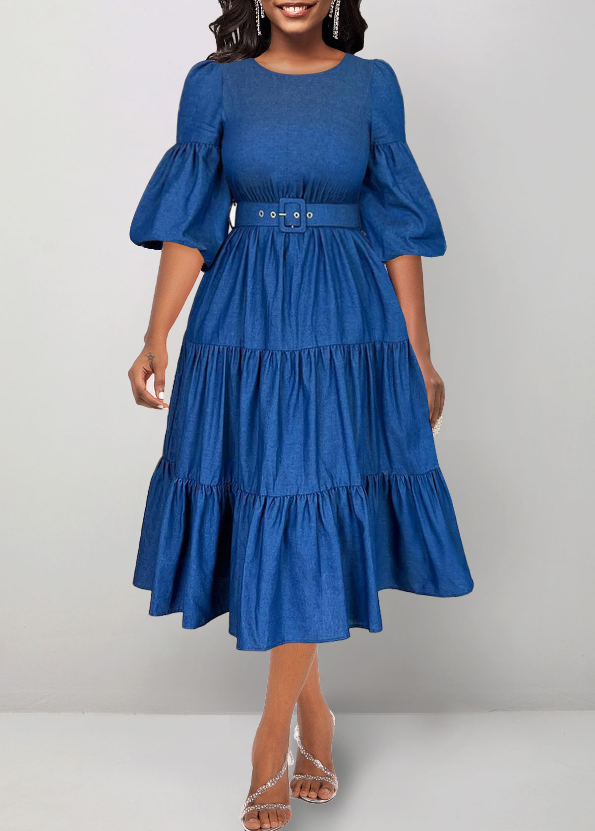 Denim Blue Ruched Belted Half Sleeve Dress