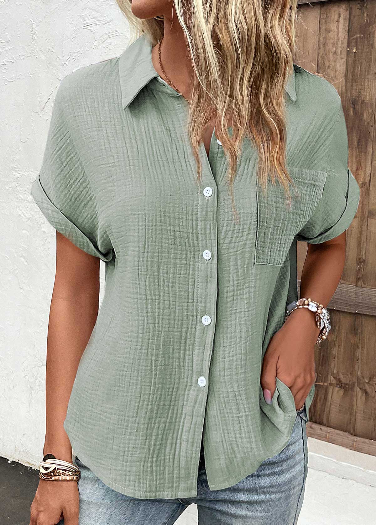 Sage Green Pocket Short Sleeve Shirt Collar Blouse