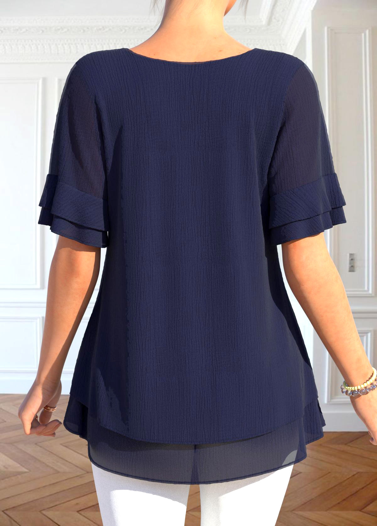 Navy Layered Short Sleeve Round Neck T Shirt