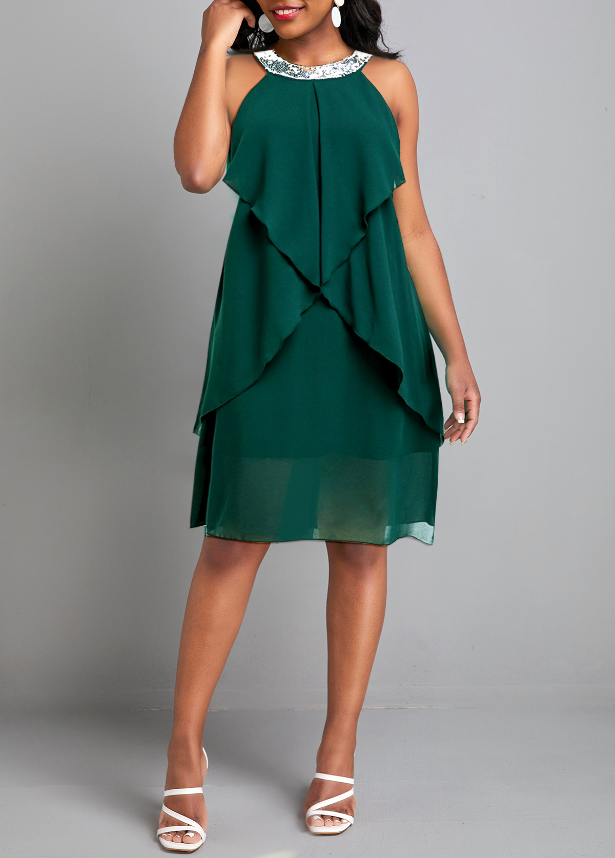 Green Sequin H Shape Sleeveless Round Neck Dress