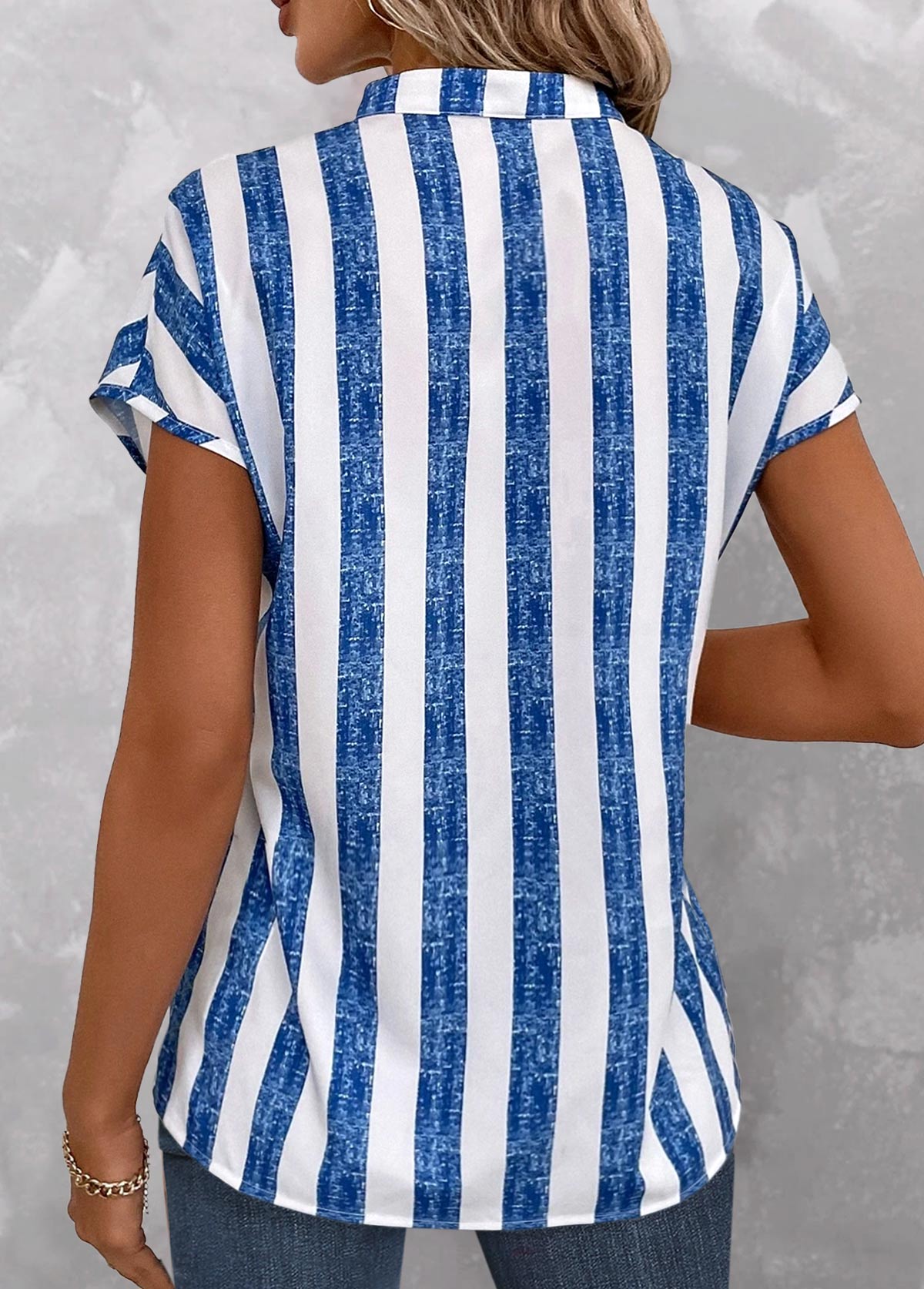 Denim Blue Lightweight Striped Short Sleeve Blouse