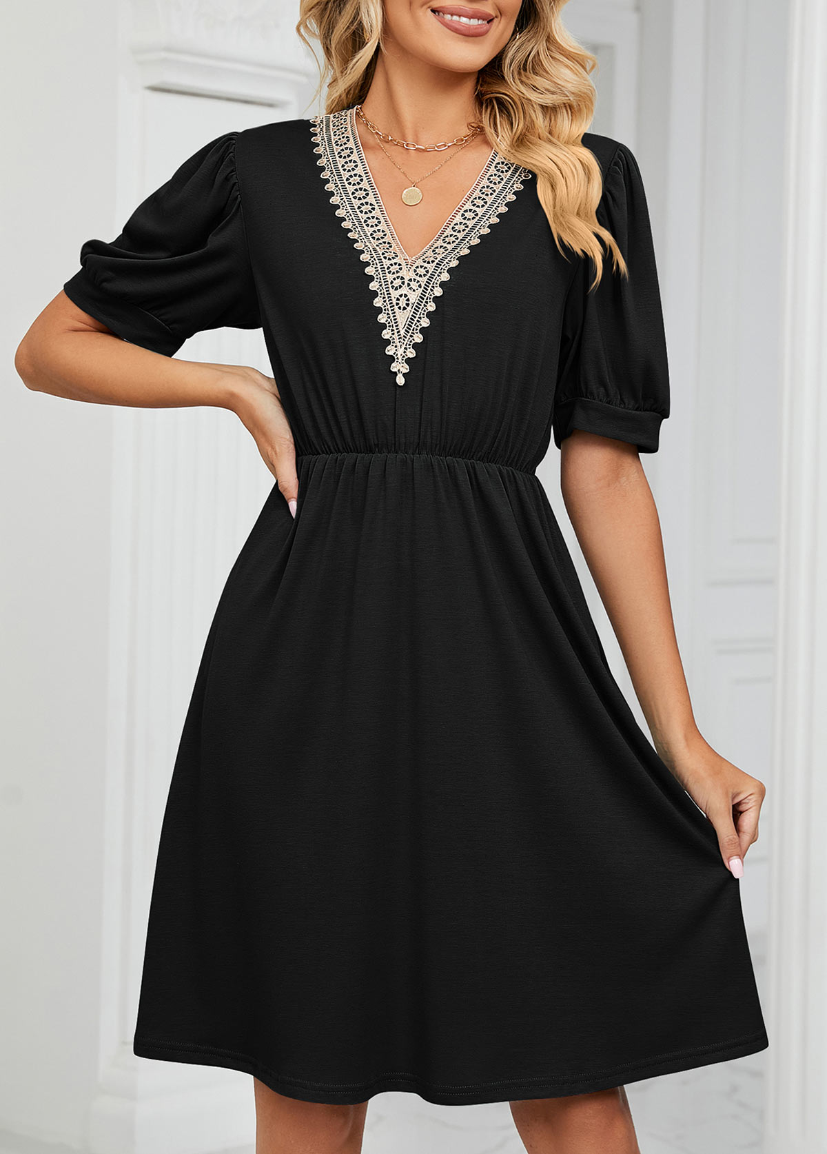 Black Lace Short Sleeve V Neck Dress
