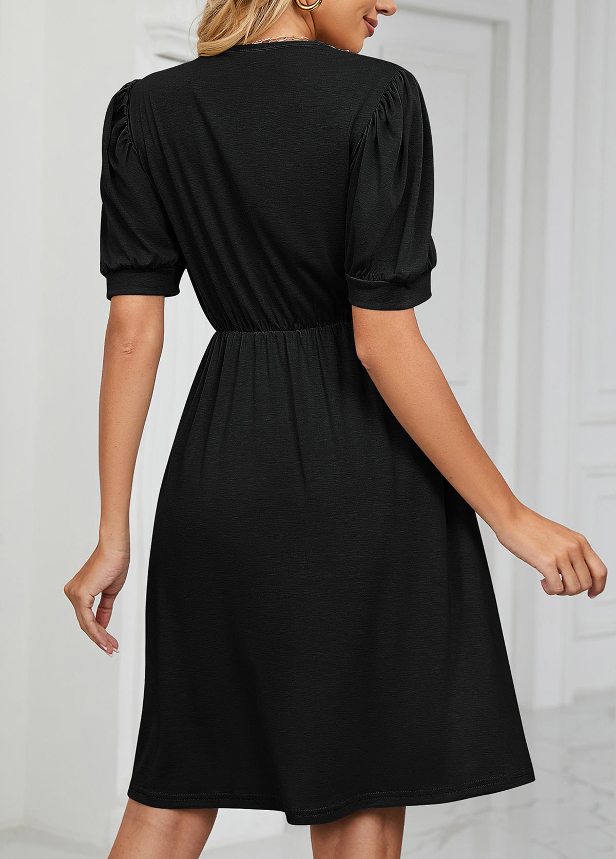 Black Lace Short Sleeve V Neck Dress
