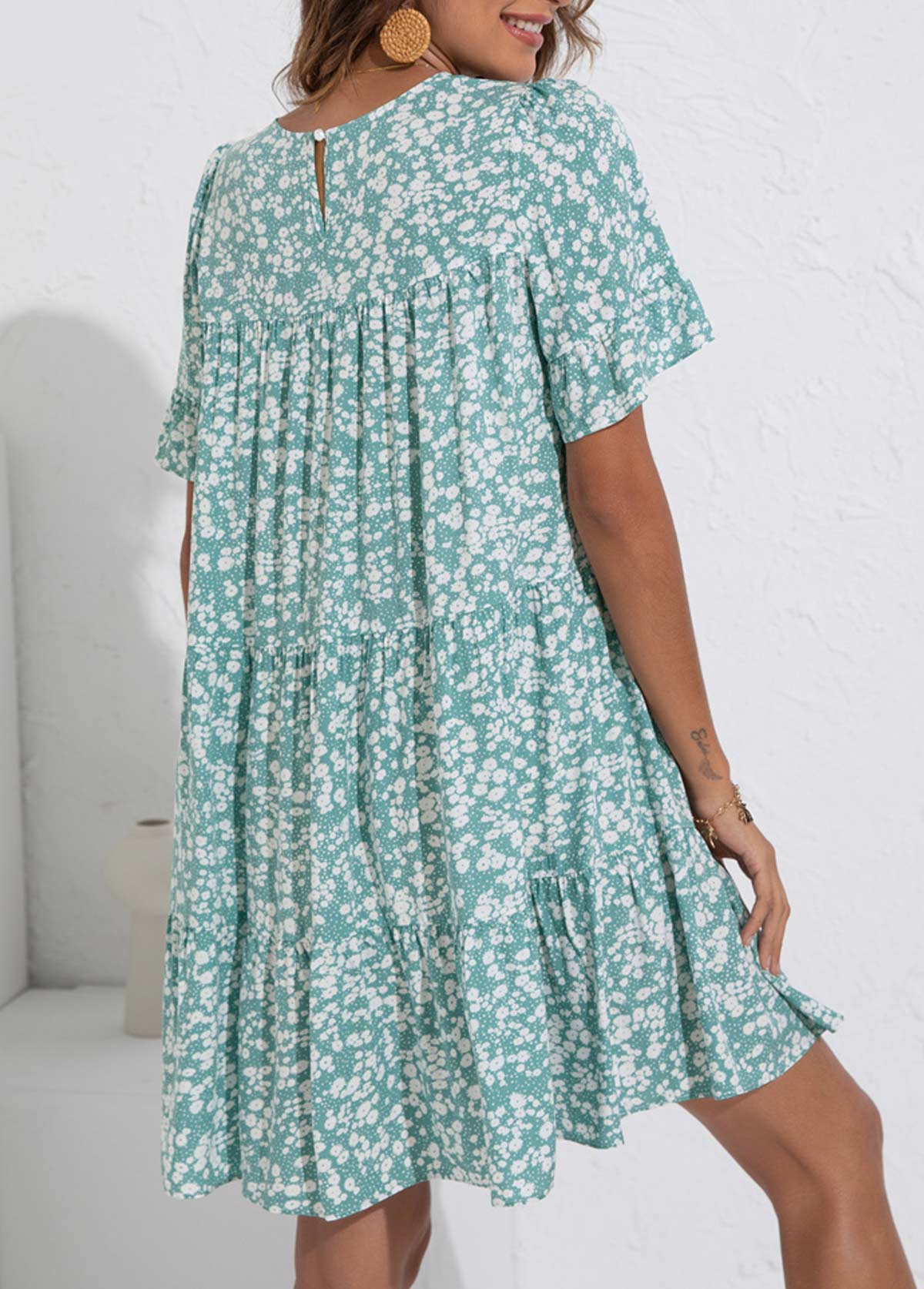 Mint Green Ruched Ditsy Floral Print Dress