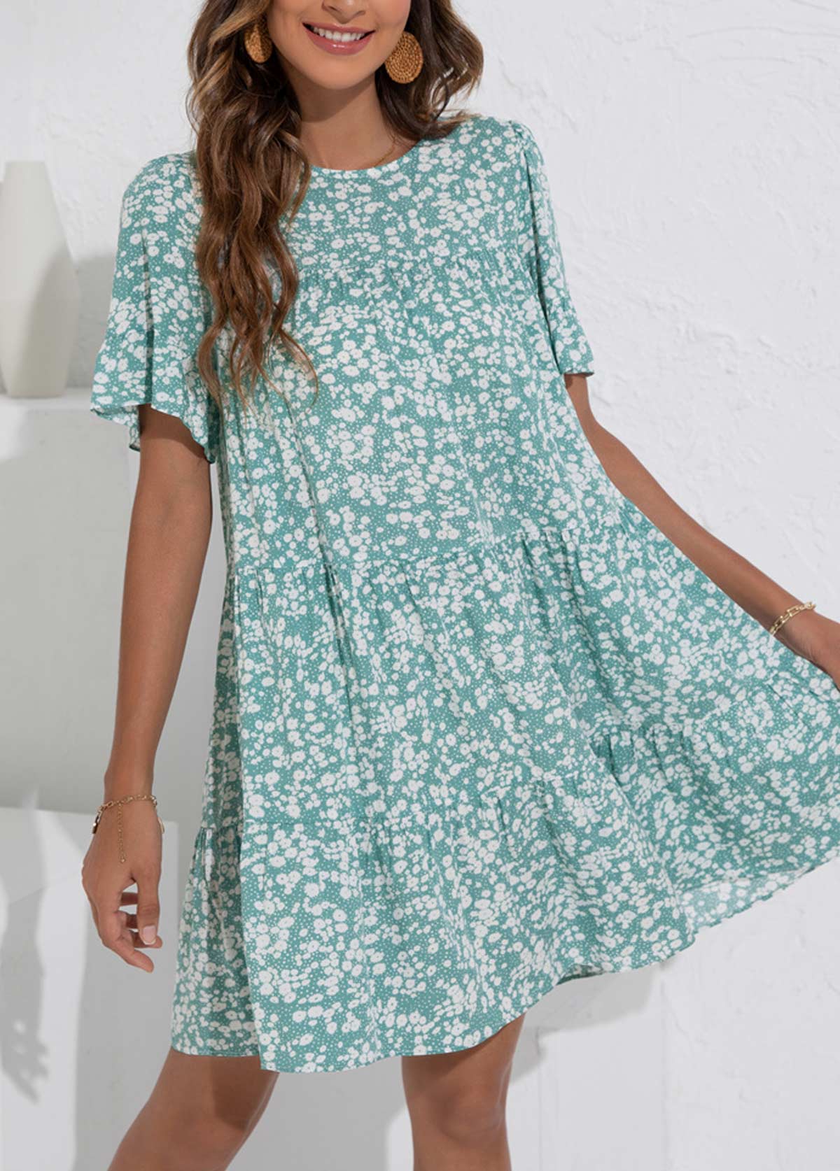 Mint Green Ruched Ditsy Floral Print Dress