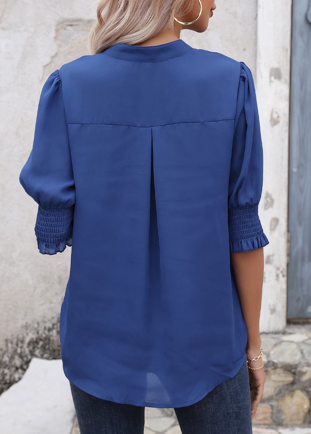 Dark Blue Smocked Half Sleeve Split Neck Blouse | picture 