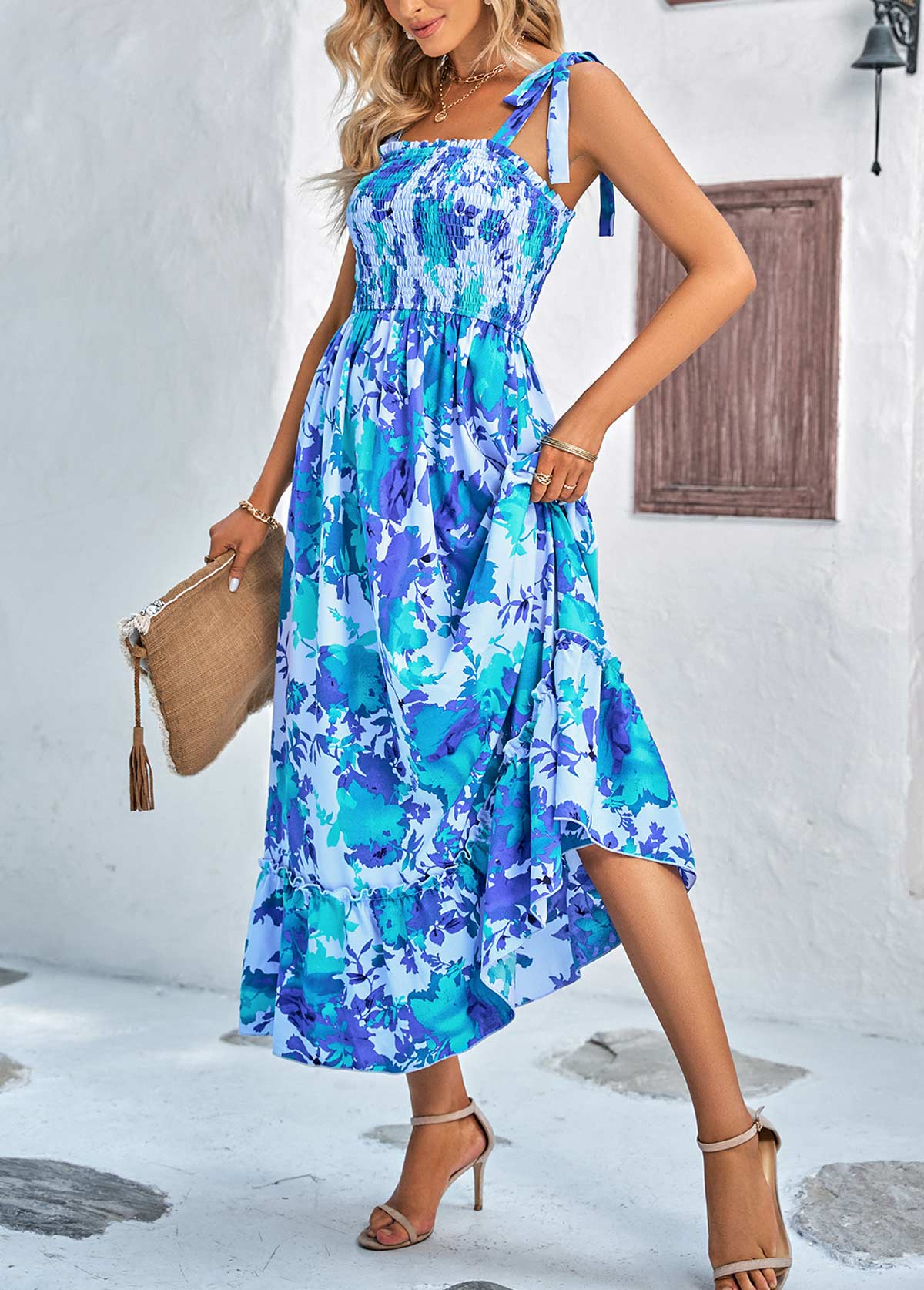 Sky Blue Smocked Floral Print Strappy Maxi Dress